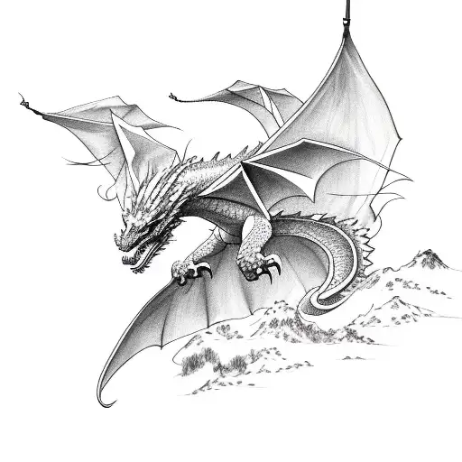 A sketch of a majestic dragon soaring over a traditional Japanese landscape tattoo design idea