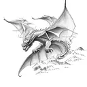 A sketch of a majestic dragon soaring over a traditional Japanese landscape tattoo design idea