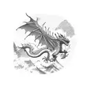 A sketch of a majestic dragon soaring over a traditional Japanese landscape tattoo design idea