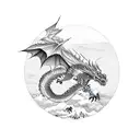 A sketch of a majestic dragon soaring over a traditional Japanese landscape tattoo design idea