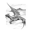A sketch of a majestic dragon soaring over a traditional Japanese landscape tattoo design idea