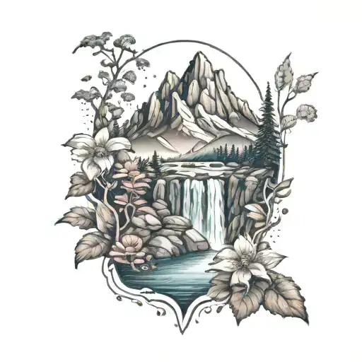 A mystical forest setting with towering mountains in the background, a tranquil waterfall, and an array of colorful flowers tattoo design idea