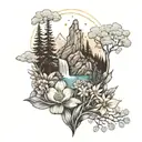 A mystical forest setting with towering mountains in the background, a tranquil waterfall, and an array of colorful flowers tattoo design idea