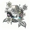 A mystical forest setting with towering mountains in the background, a tranquil waterfall, and an array of colorful flowers tattoo design idea