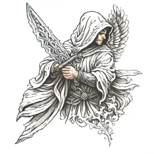 hooded angel holding a sword  tattoo design idea