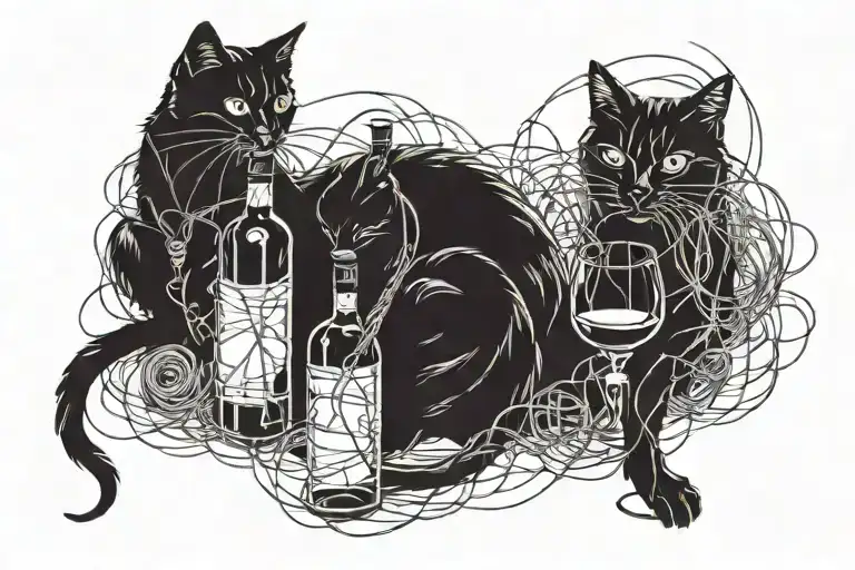 A dark silhouette style tattoo of a cat playing with a ball of strings on the side of a couple of wine bottles and below tattoo design idea