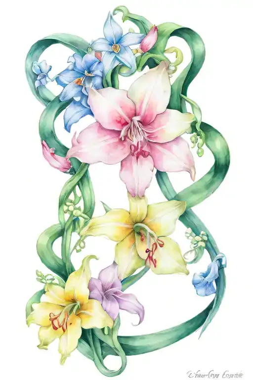 spine tattoo made up of Lily of the valleys, larkspur, narcissus, sweet pea , gladiolus, jonquil tied with a pink bow tattoo design idea