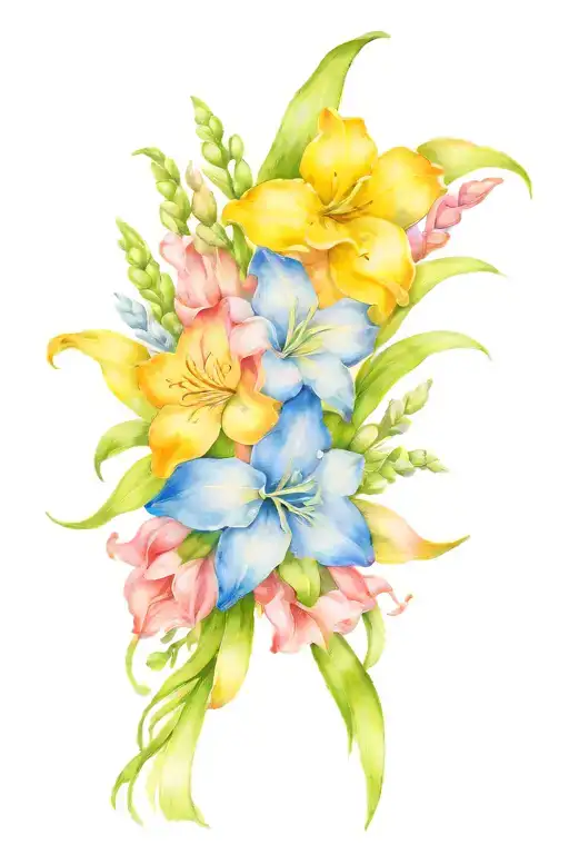bouquet made up of Lily of the valleys, larkspur, narcissus,sweetpea, gladiolus, jonquil tied with a pink bow tattoo design idea