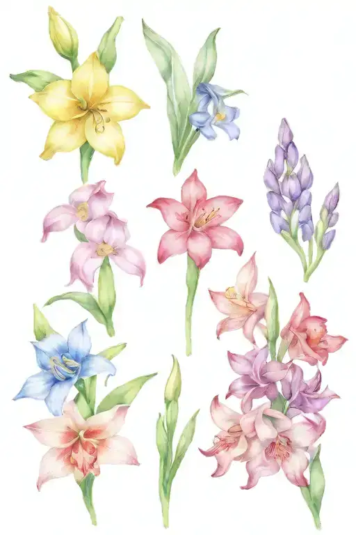 bouquets made up of Lily of the valleys, larkspur, narcissus,sweetpea, gladiolus, jonquil tied with a pink bow tattoo design idea