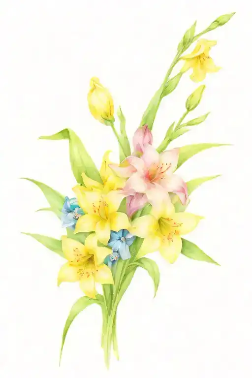 bouquet made up of Lily of the valleys, larkspur, narcissus,sweetpea, gladiolus, jonquil tied with a pink bow tattoo design idea