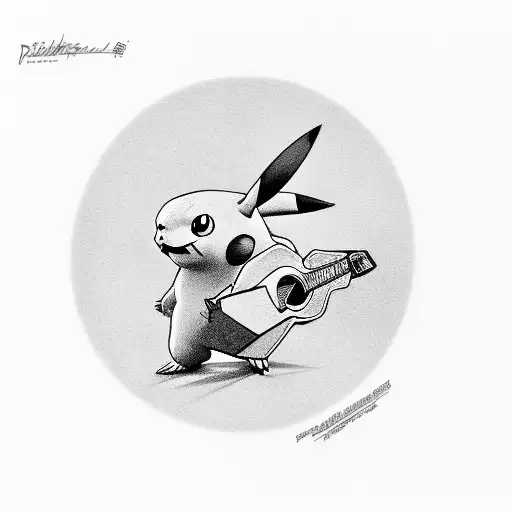 A realistic portrait of Pikachu playing a guitar tattoo design idea