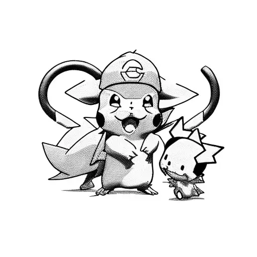 A playful scene featuring Pikachu, Grogu, Goku, and Yoshi teaming up to save the day tattoo design idea