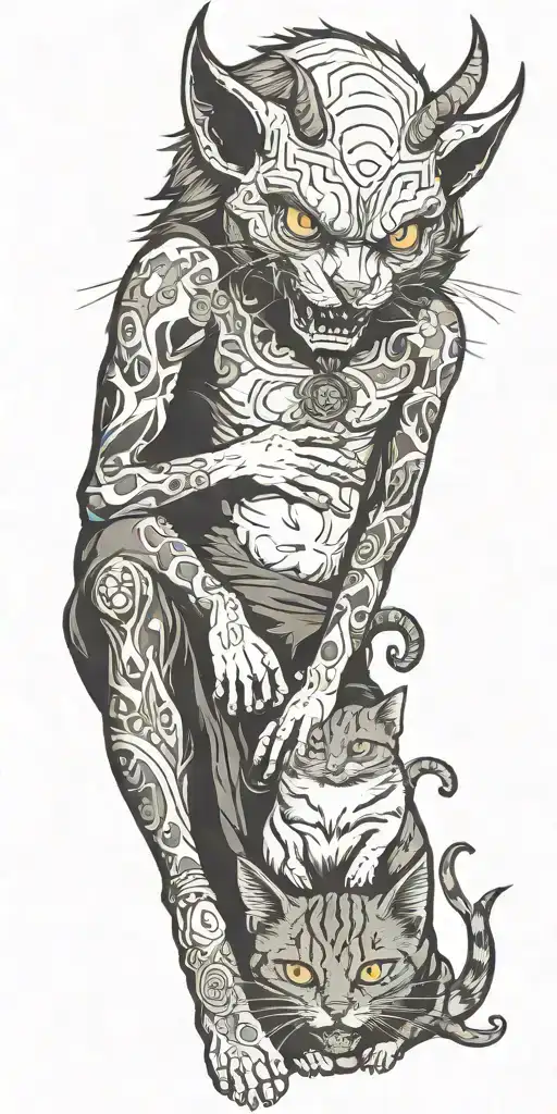 demon petting a cat tattoo design idea