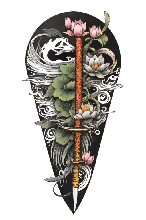 pandaroux, katana, lotus, vagues tattoo design idea