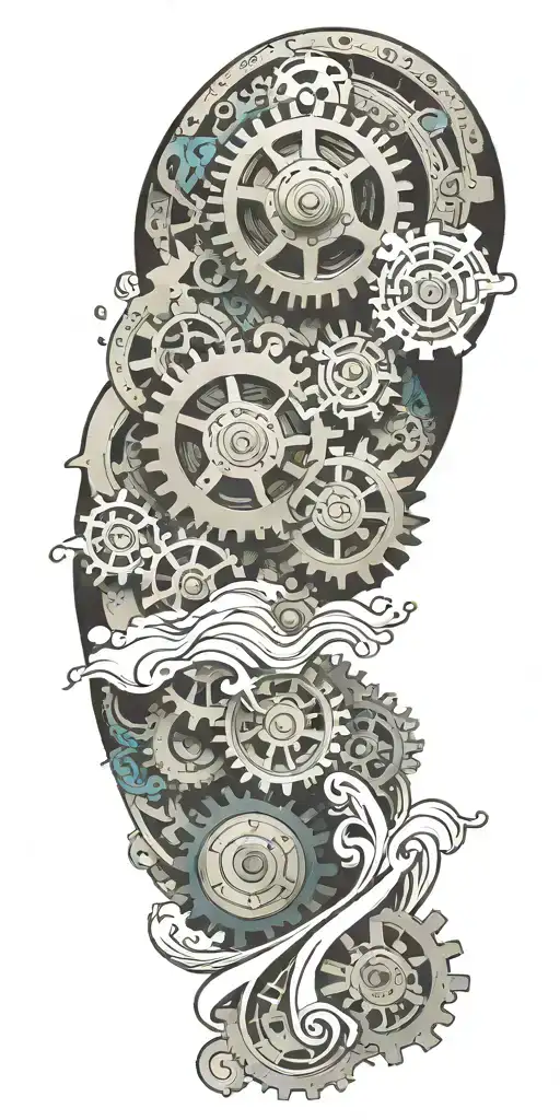 An intricate mechanical gear tattoo with a swirling cloud pattern and crashing wave accents tattoo design idea