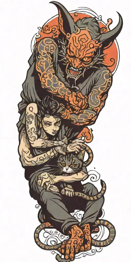 demon petting a cat tattoo design idea