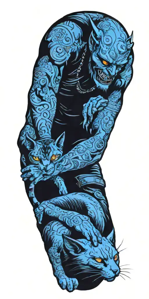 demon petting a cat tattoo design idea