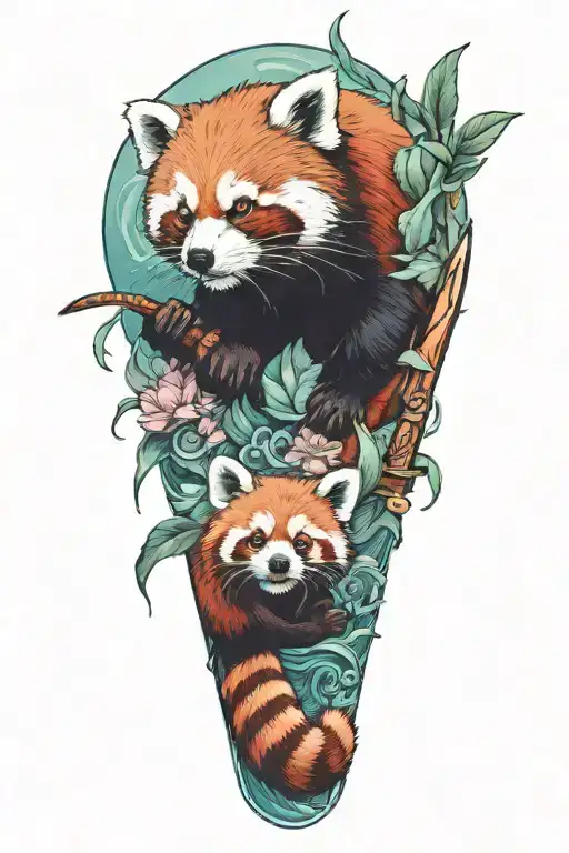 red panda , katana, lotus, vagues tattoo design idea