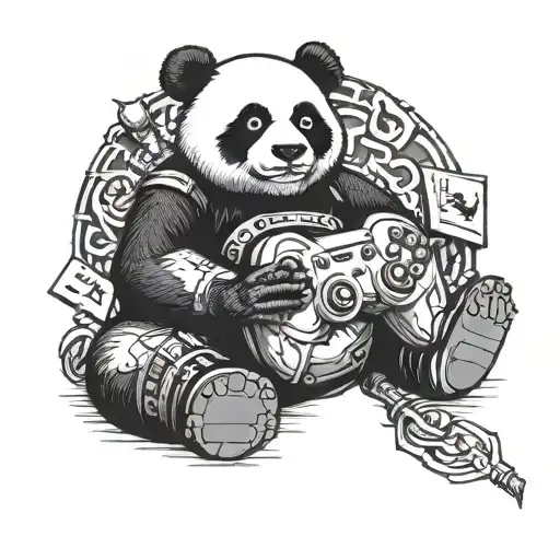 Samurai panda wielding a video game controller tattoo design idea