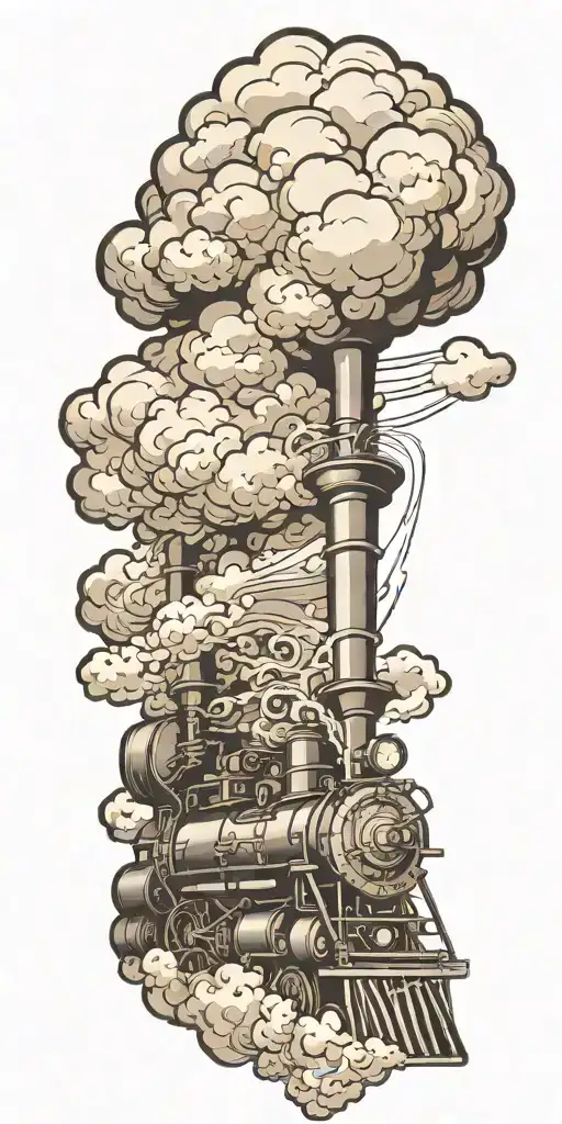A traditional style tattoo of a steam engine with billowing clouds and crashing waves in the background tattoo design idea