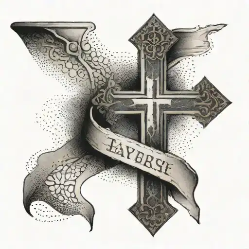 A dotwork tattoo of a cross with a banner wrapped around it, inscribed with a favorite scripture verse tattoo design idea
