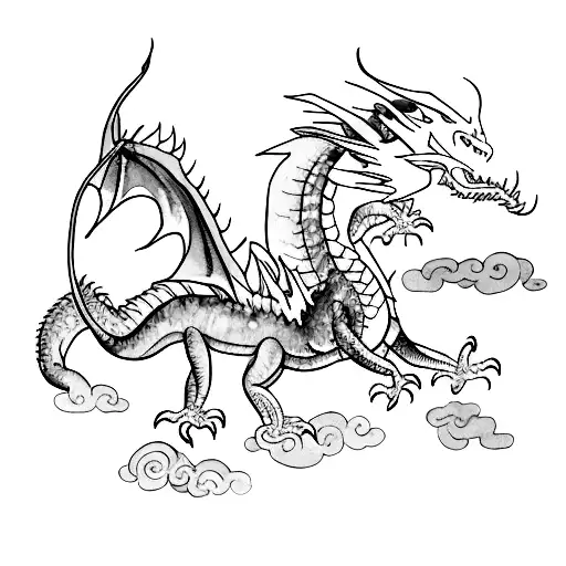 Watercolor dragon flying past mood no lines blue and red tattoo design idea