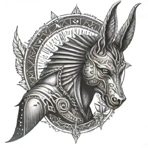 anubis full body with skull in hand tattoo design idea