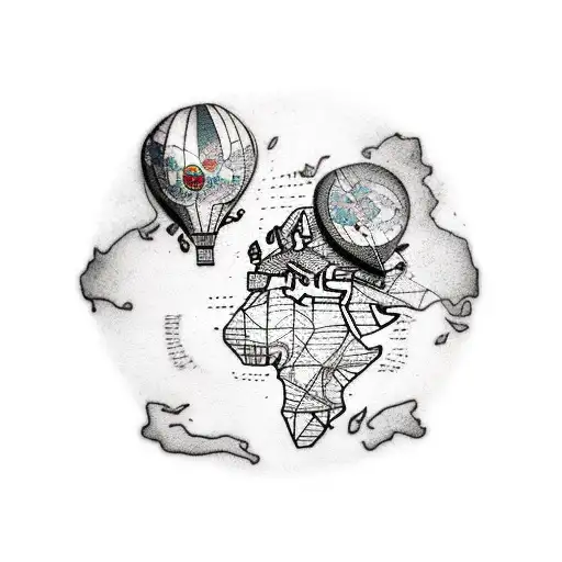 A whimsical tattoo featuring a map of the world with colorful hot air balloons floating above, representing the client's love for travel and exploration. tattoo design idea
