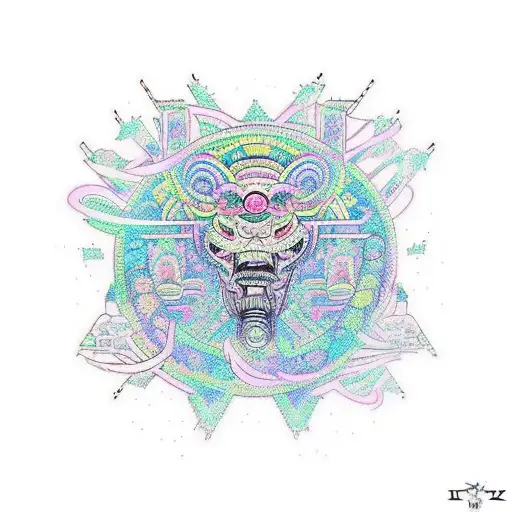 A dynamic tattoo design showcasing a mesmerizing rave scene with neon lights, DJ turntables, and energetic dancers. tattoo design idea