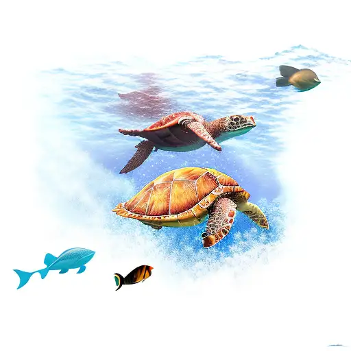 An underwater scene with a spearfisher diving alongside vibrant coral reefs and a majestic sea turtle. tattoo design idea