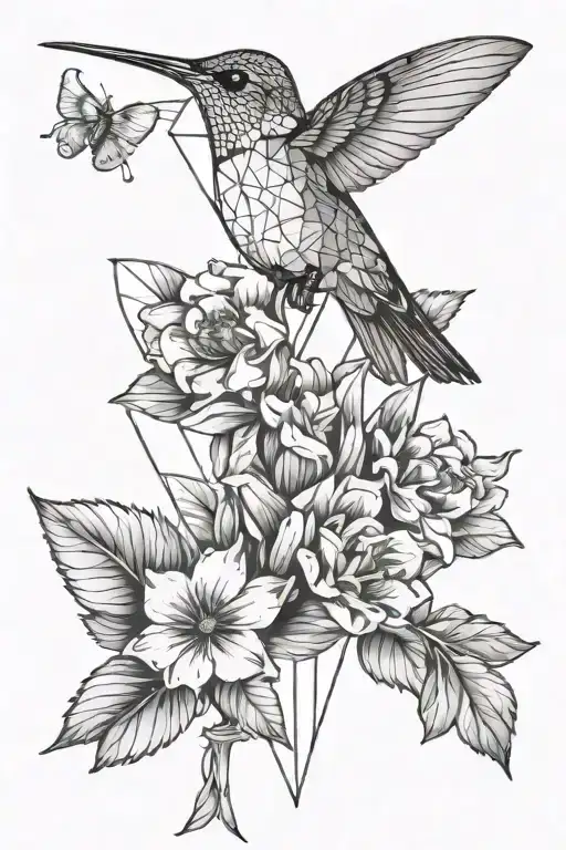 flowers and a small hummingbird perched tattoo design idea
