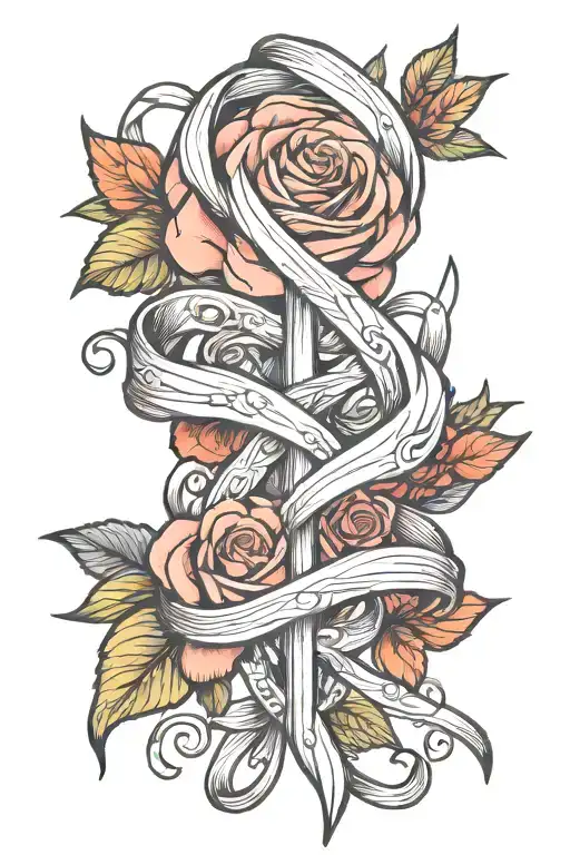 cancer ribbon and rose intertwined tattoo design idea