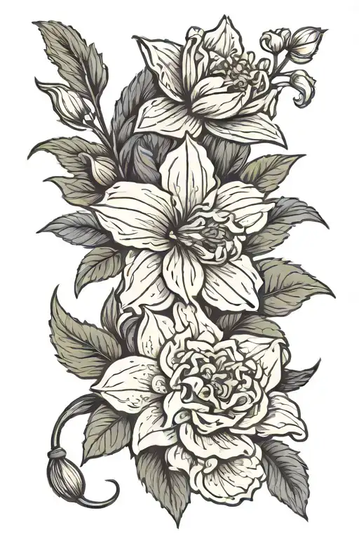 chrysanthemum flower, violet flower, iris flower, primrose flower, daffodil and jonquil flowers, narcissus and hollys tattoo design idea