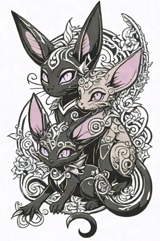 Umbreon and Espeon, in color,  Umbreon is cool, dark and mysterious, Espeon is bright and happy, ready to protect tattoo design idea