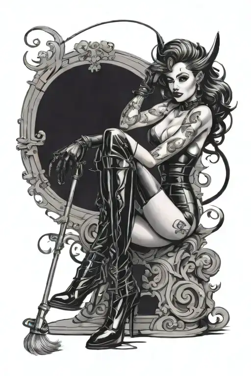 full body standing dominatrix  pin-up  thigh high boots  whip tattoo design idea