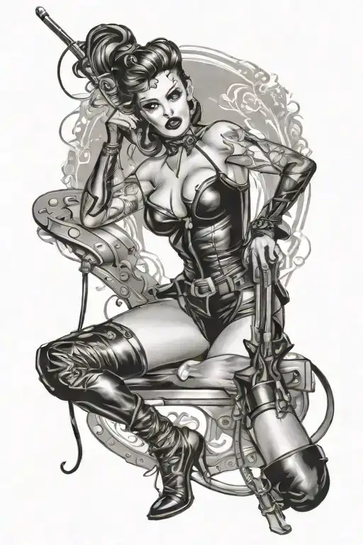 full body  dominatrix pin-up Standing whip tattoo design idea