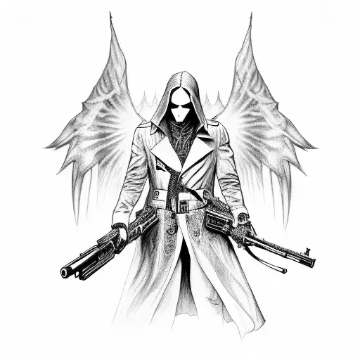 Dark men angel wearing long trench coat with two guns in gothic background  tattoo design idea