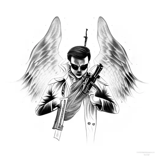 Dark men angel wearing long trench coat with two guns in gothic background  tattoo design idea