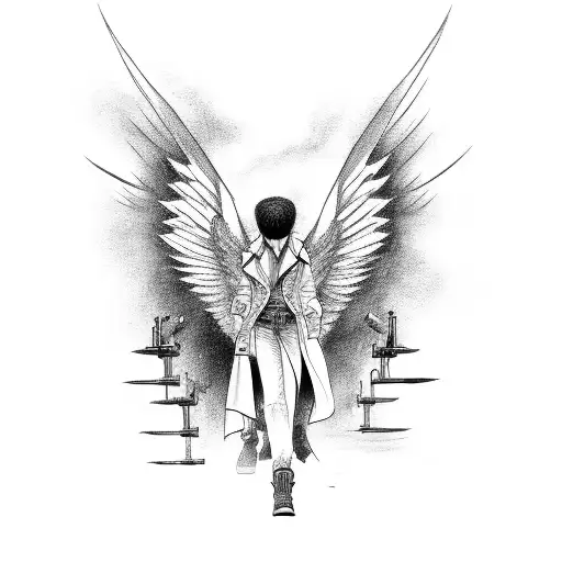Dark men angel wearing long trench coat with two guns in gothic background  tattoo design idea