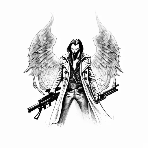 Dark men angel wearing long trench coat with two guns in gothic background with lampost and road pavements tattoo design idea