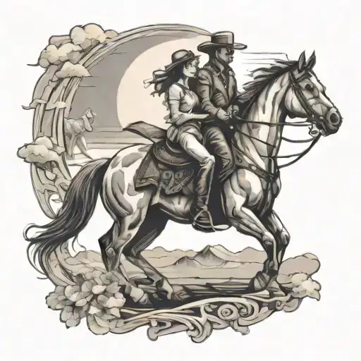 A cowboy riding into the sunset with his wife by his side, surrounded by angelic figures, representing love and protection tattoo design idea