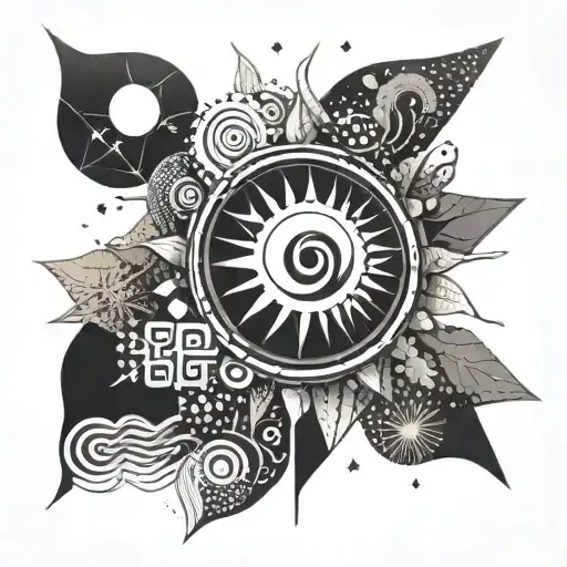 An abstract geometric representation of the sun surrounded by nature-inspired patterns and video game symbols tattoo design idea