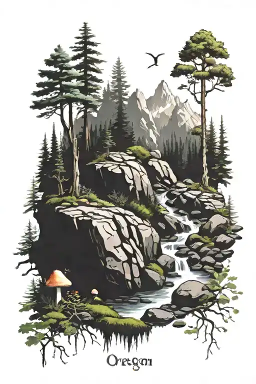 oregon mountains river basalt rocks moss trees mushrooms  tattoo design idea