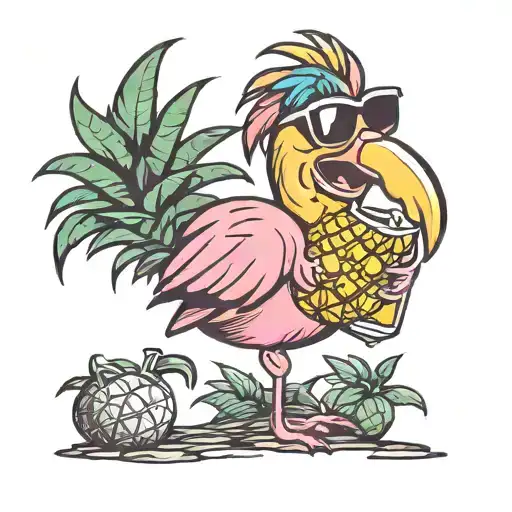 flamingo holding pineapple drink  tattoo design idea