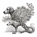 A whimsical dog-shaped tree with flute leaves blowing in the wind tattoo design idea