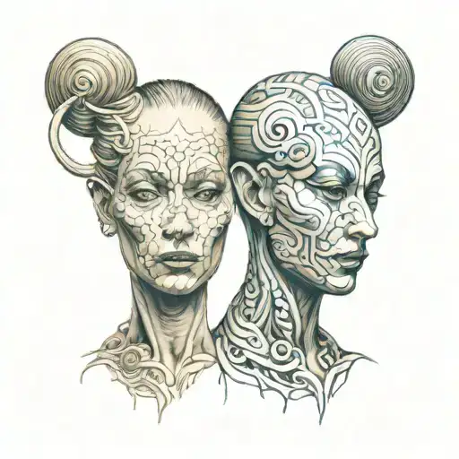 siamese twin head good side and bad side  tattoo design idea