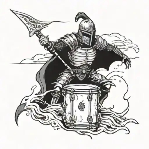 a death metal drummer playing drums in a medieval armor in a stormy sea surrounded by crows tattoo design idea