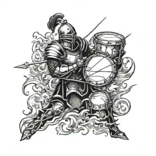 A deathcore drummer in full medieval armor, battling sea creatures in a stormy ocean tattoo design idea