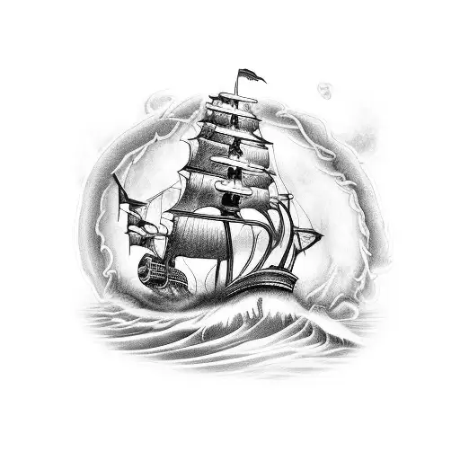 A detailed blackwork tattoo of a pirate ship sailing through stormy waters, with a kraken emerging from the depths below tattoo design idea