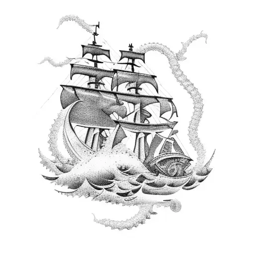 A detailed blackwork tattoo of a pirate ship sailing through stormy waters, with a kraken emerging from the depths below tattoo design idea